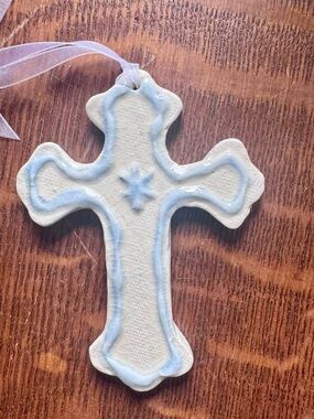 Ceramic Cross Ornament in Cream and Pale Blue